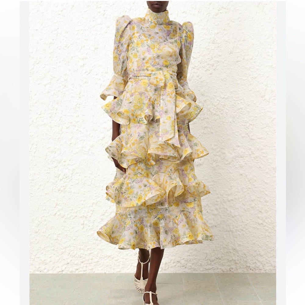 Zimmerman Harmony tiered ruffled floral-print linen and silk-blend midi dress